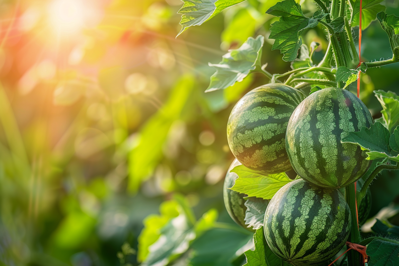 Image gratuite Pastèques poussant sur vigne ensoleillée 2