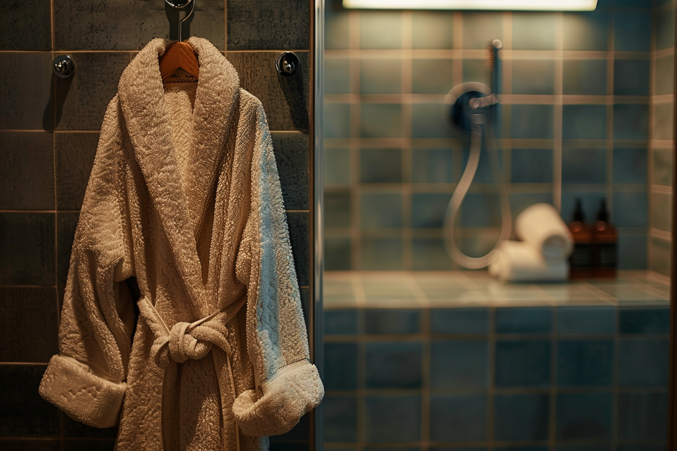 Image gratuite Peignoir moelleux en éponge sur crochet de salle de bains 1