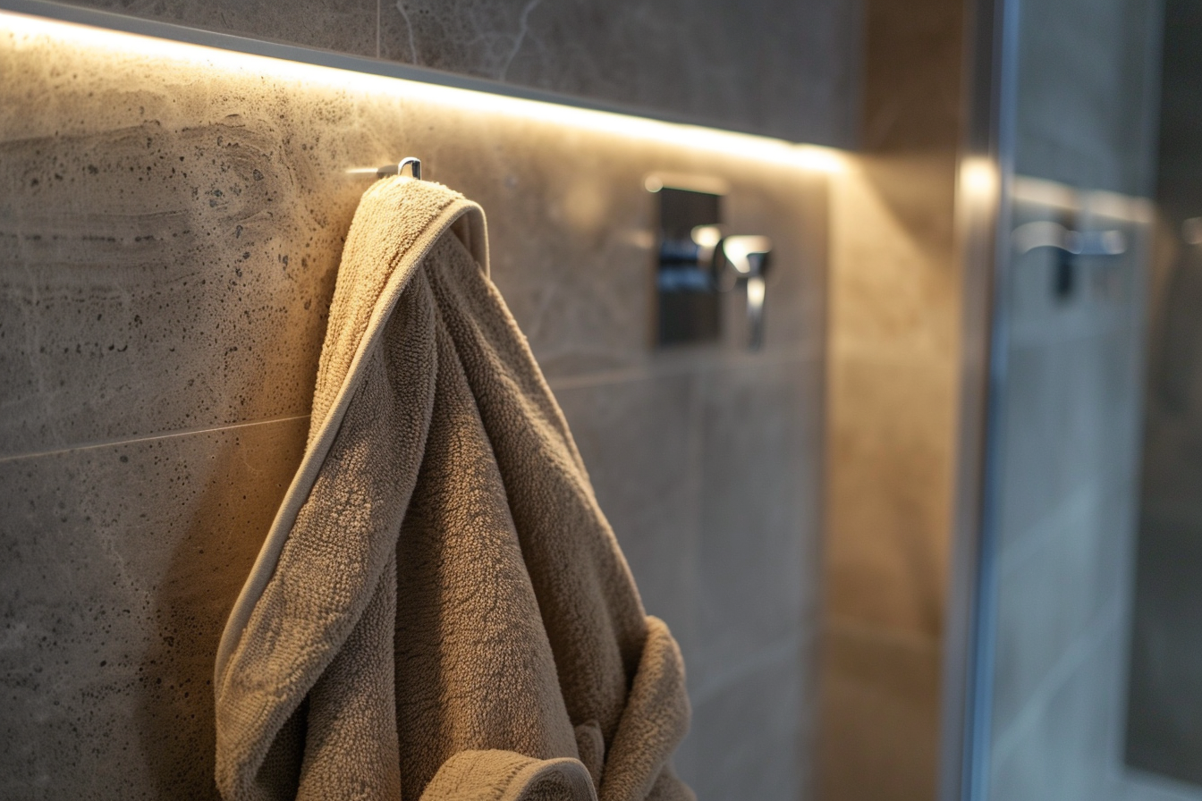 Image gratuite Peignoir moelleux en éponge sur crochet de salle de bains 2