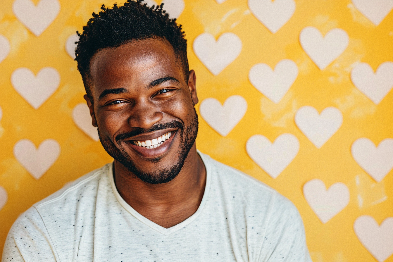 Image gratuite Père afro-américain yeux marrons fête pères fond jaune 1