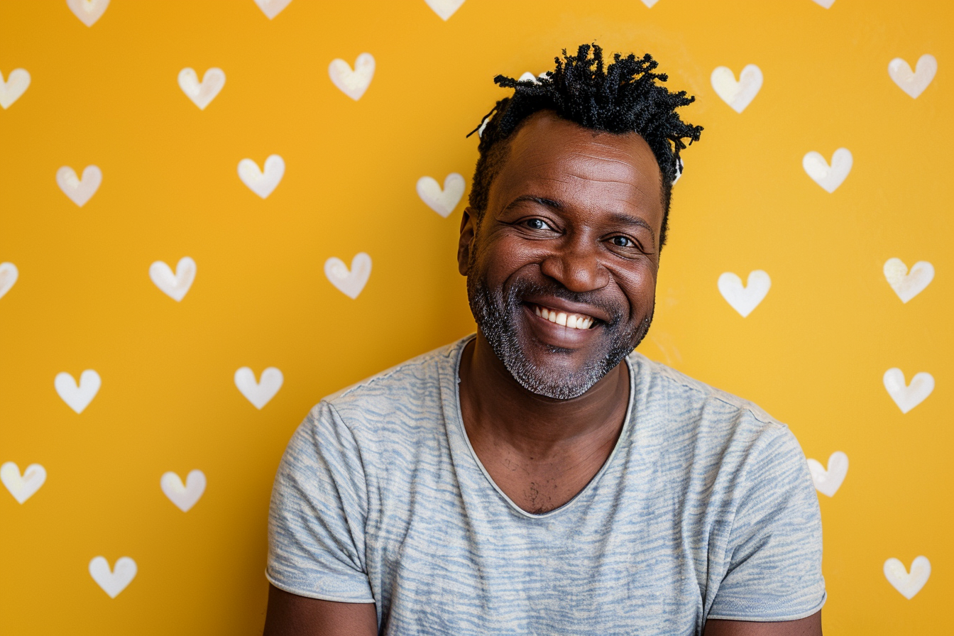 Image gratuite Père afro-américain yeux marrons fête pères fond jaune 2