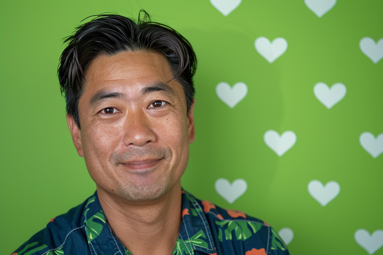 Image gratuite Père asiatique yeux marrons fête pères fond vert 2