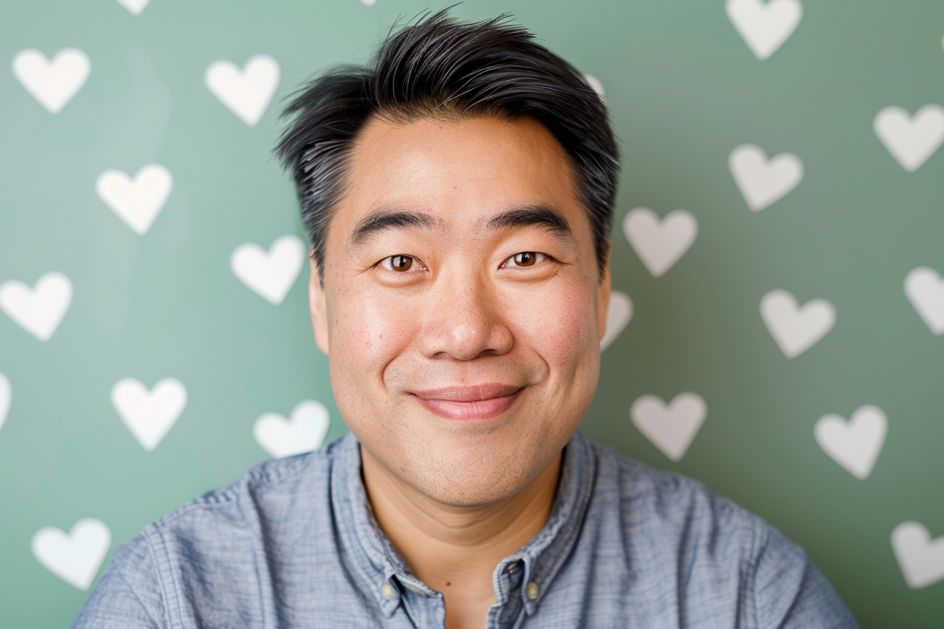 Image gratuite Père asiatique yeux marrons fête pères fond vert 4