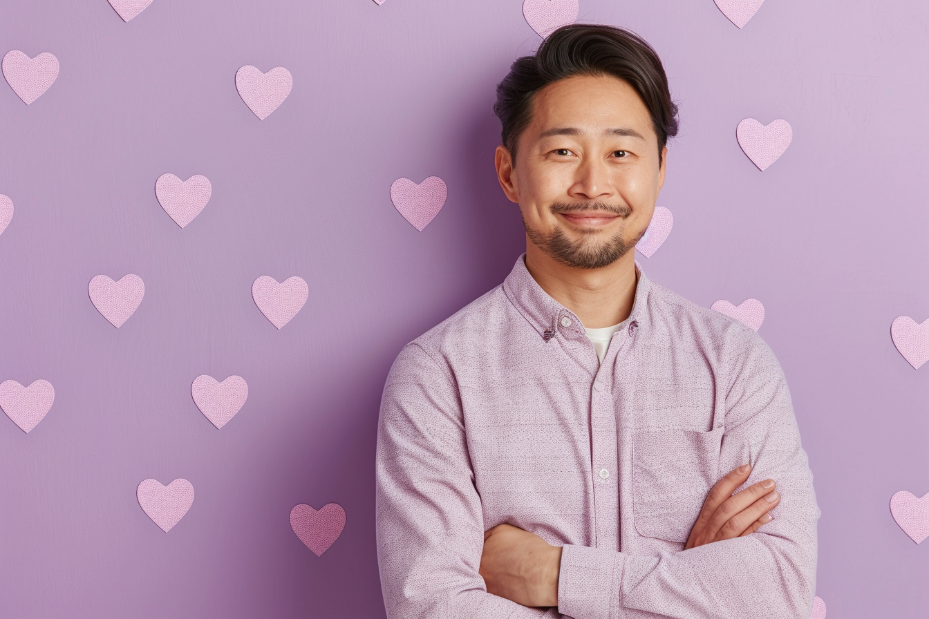 Image gratuite Père asiatique yeux marrons fête pères fond violet 2