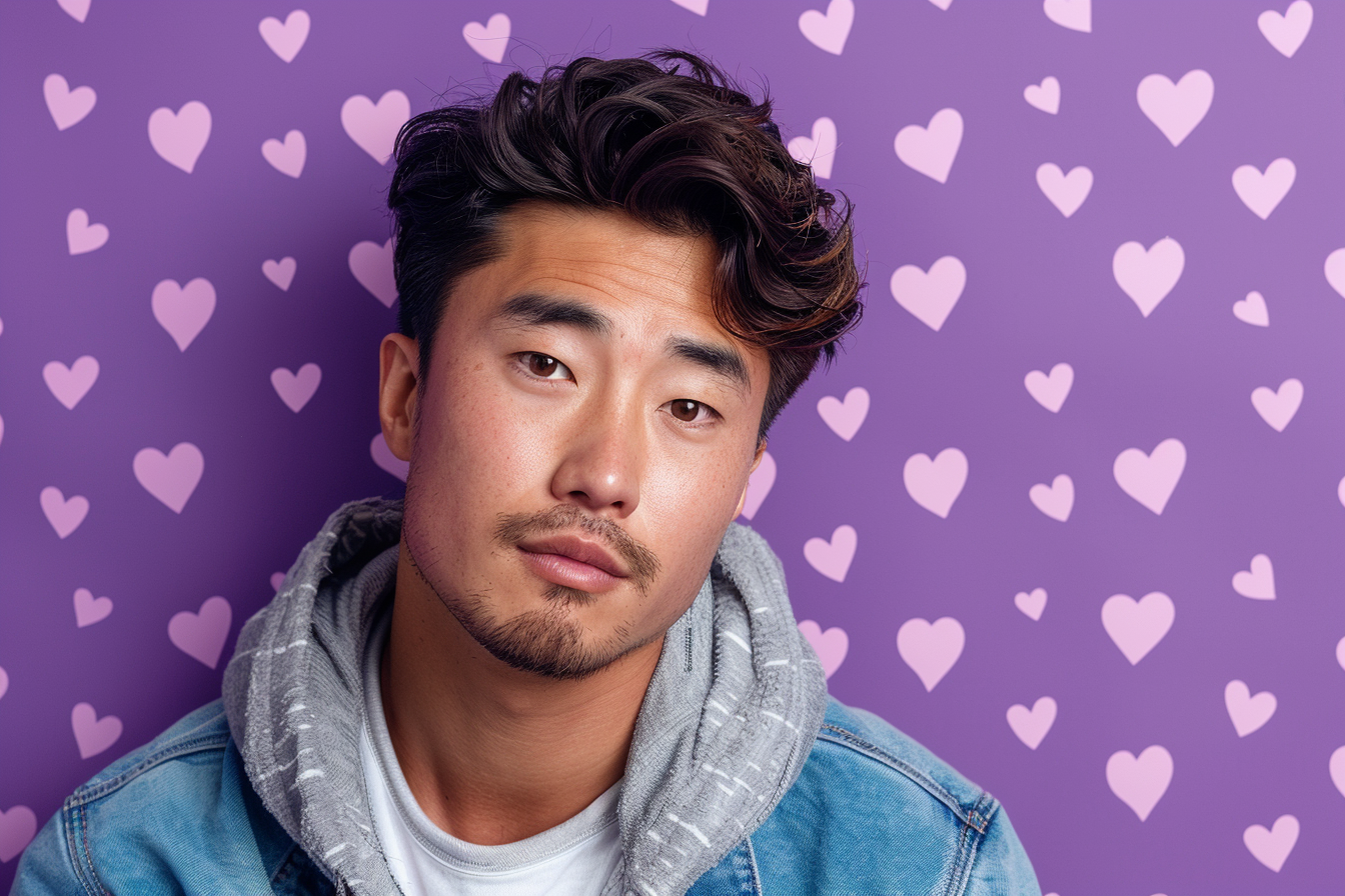 Image gratuite Père asiatique yeux marrons fête pères fond violet 3