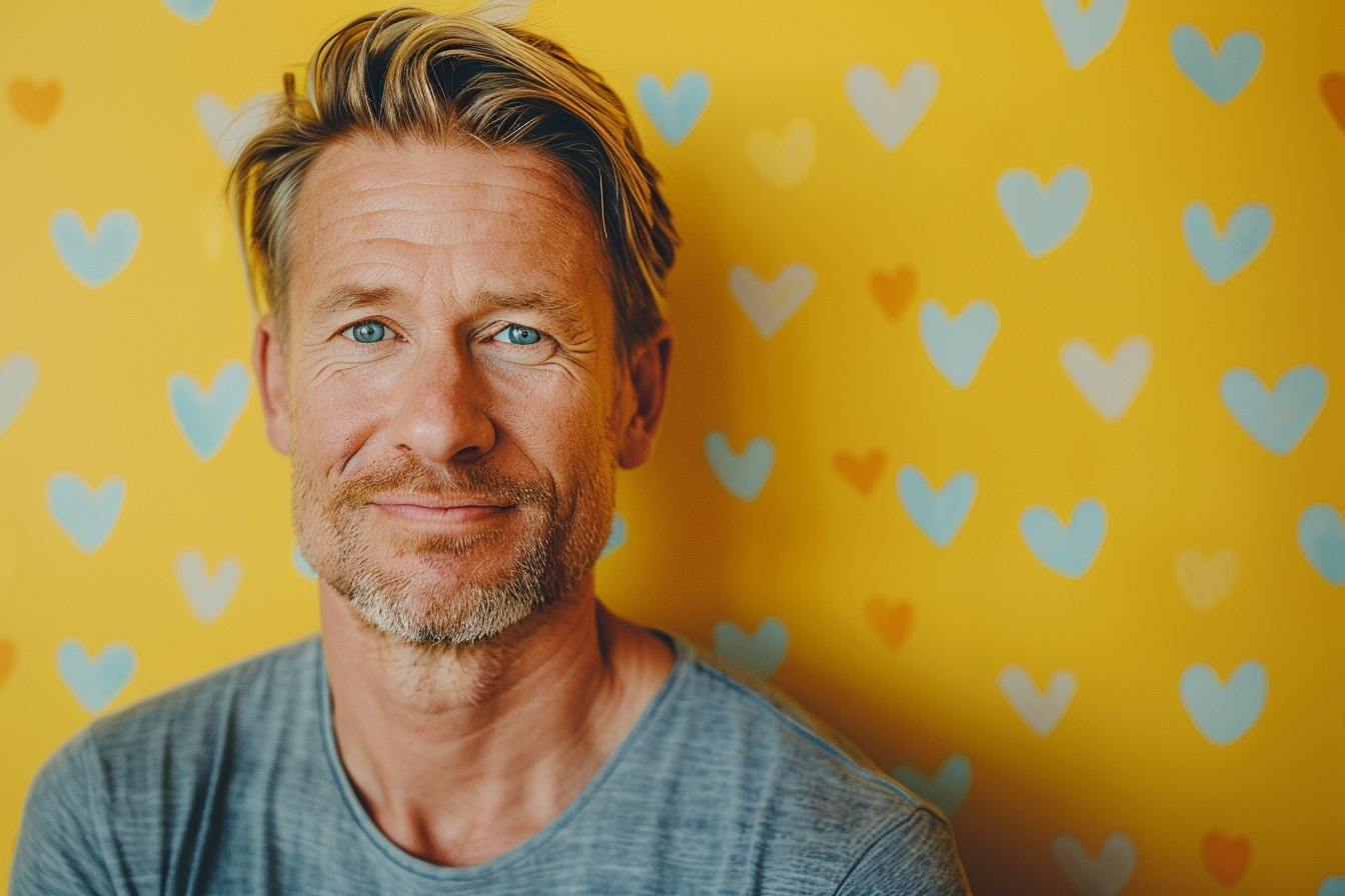 Image gratuite Père blond yeux bleus fête pères fond jaune 1