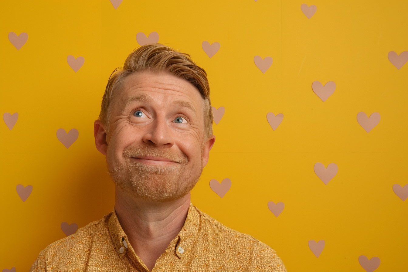 Image gratuite Père blond yeux bleus fête pères fond jaune 2