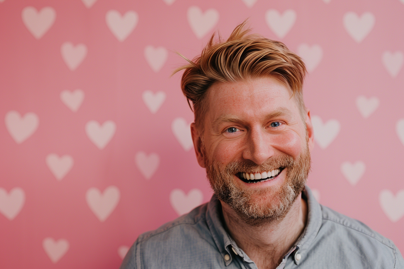 Image gratuite Père blond yeux bleus fête pères fond rose 1