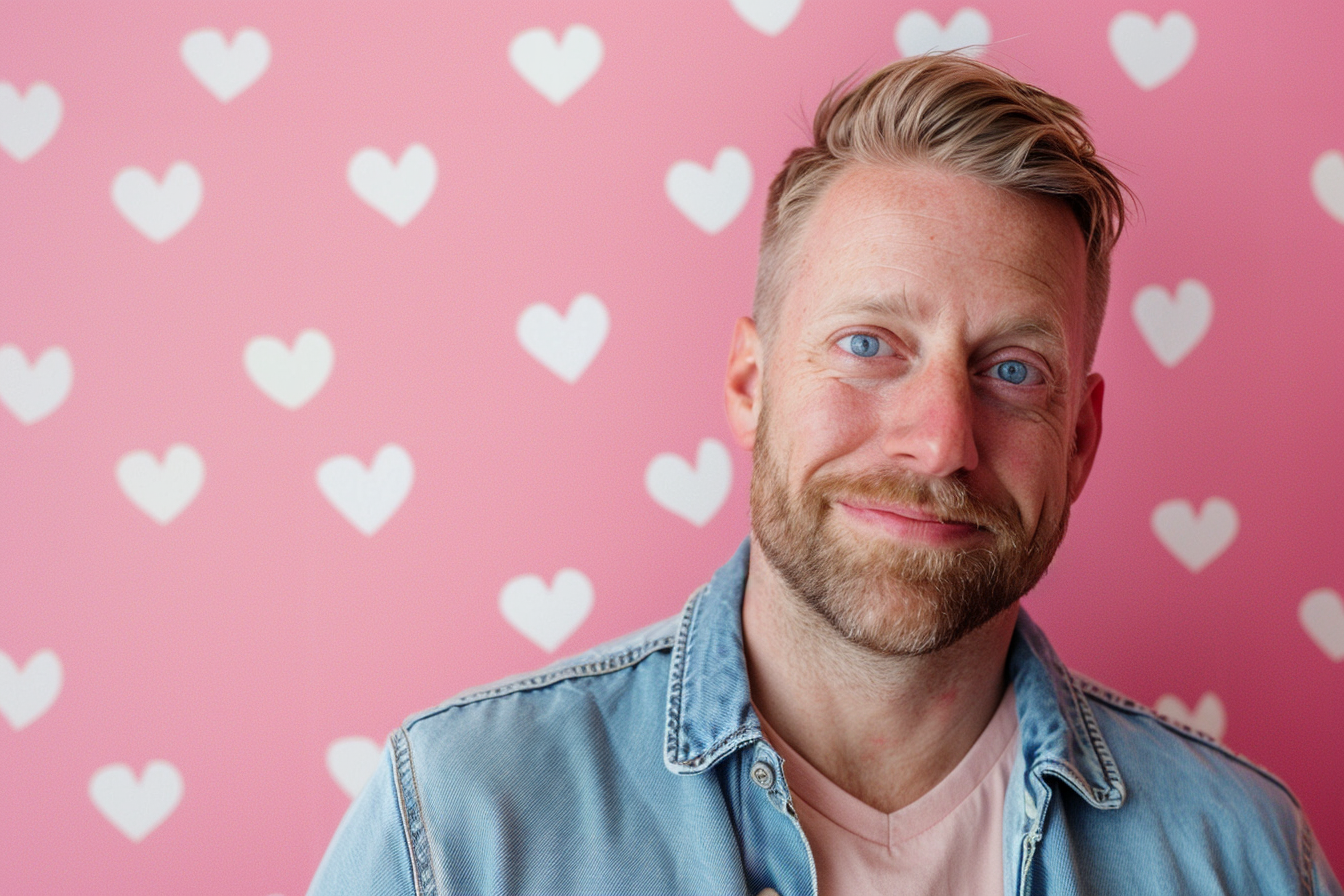 Image gratuite Père blond yeux bleus fête pères fond rose 2