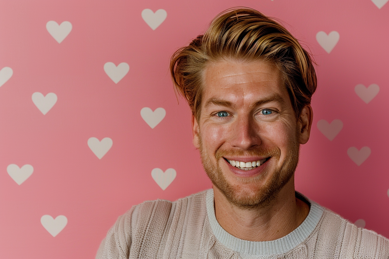 Image gratuite Père blond yeux bleus fête pères fond rose 3