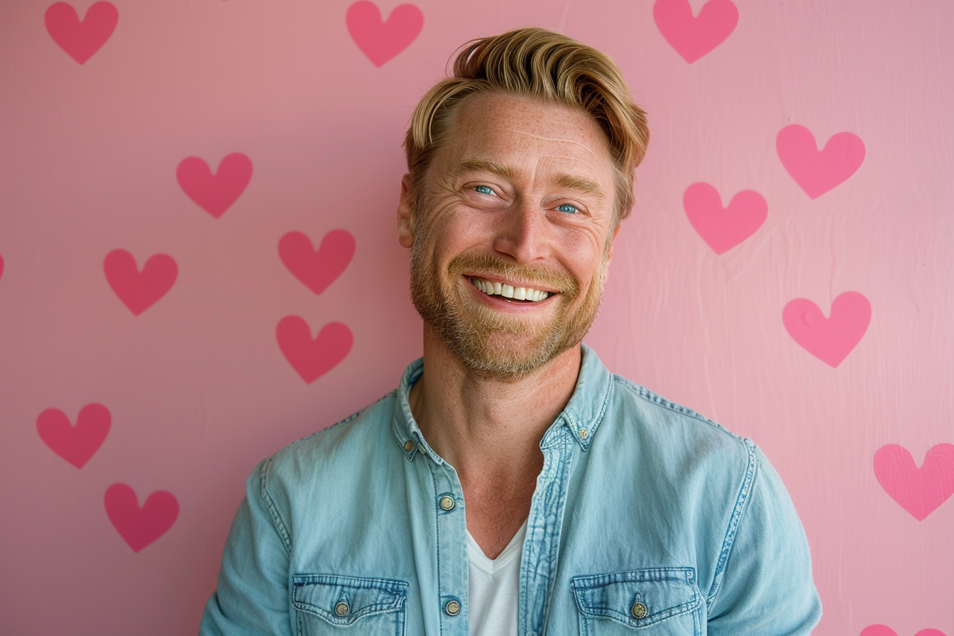 Image gratuite Père blond yeux bleus fête pères fond rose 4