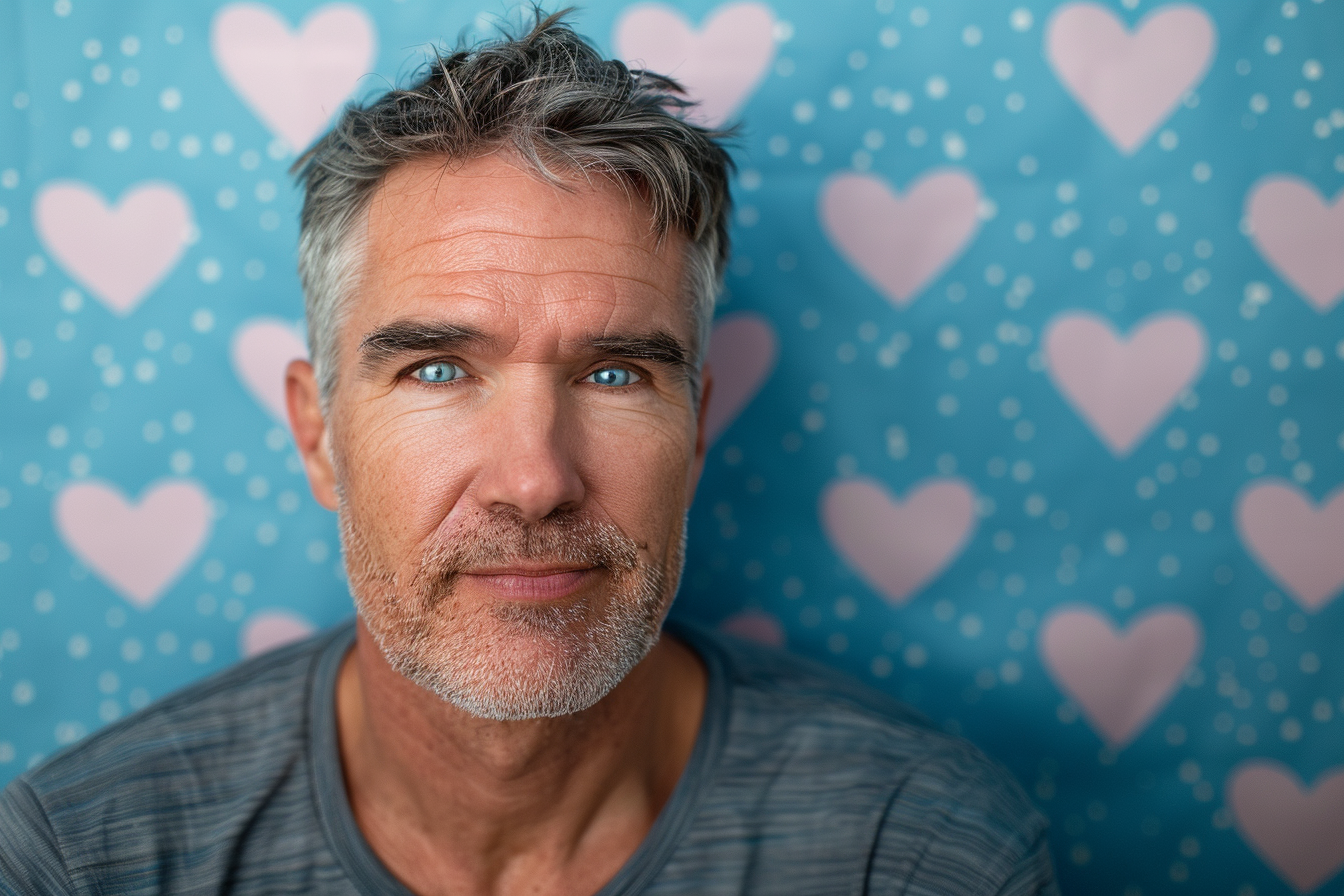 Image gratuite Père brun yeux bleus fête pères fond bleu 1