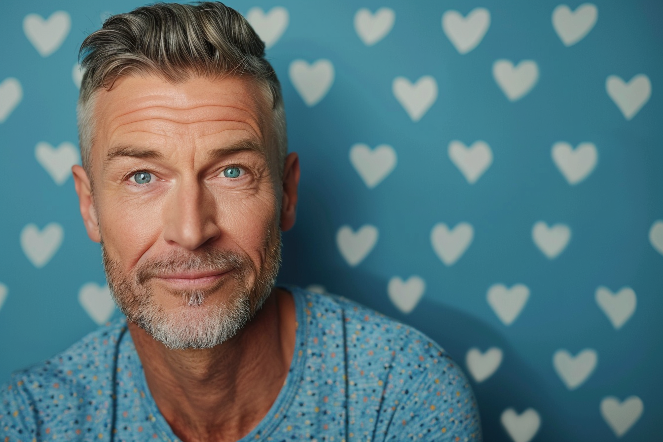 Image gratuite Père brun yeux bleus fête pères fond bleu 3