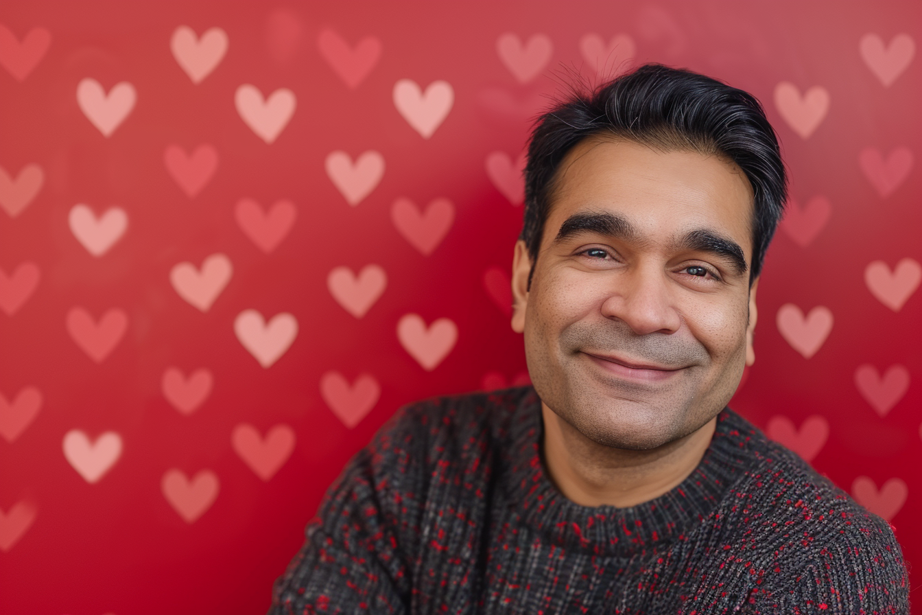 Image gratuite Père indien yeux marrons fête pères fond rouge 1