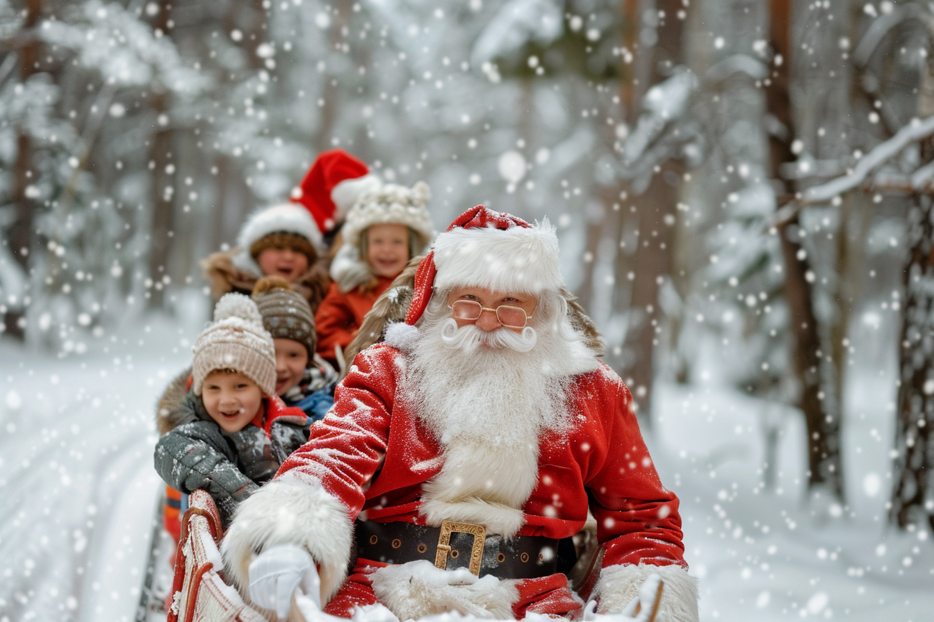 Image gratuite Père Noël balade en traîneau avec enfants dans paysage hivernal 1
