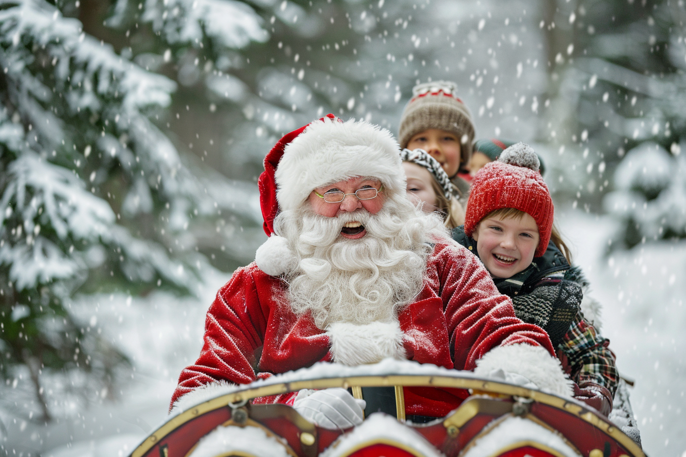 Image gratuite Père Noël balade en traîneau avec enfants dans paysage hivernal 2
