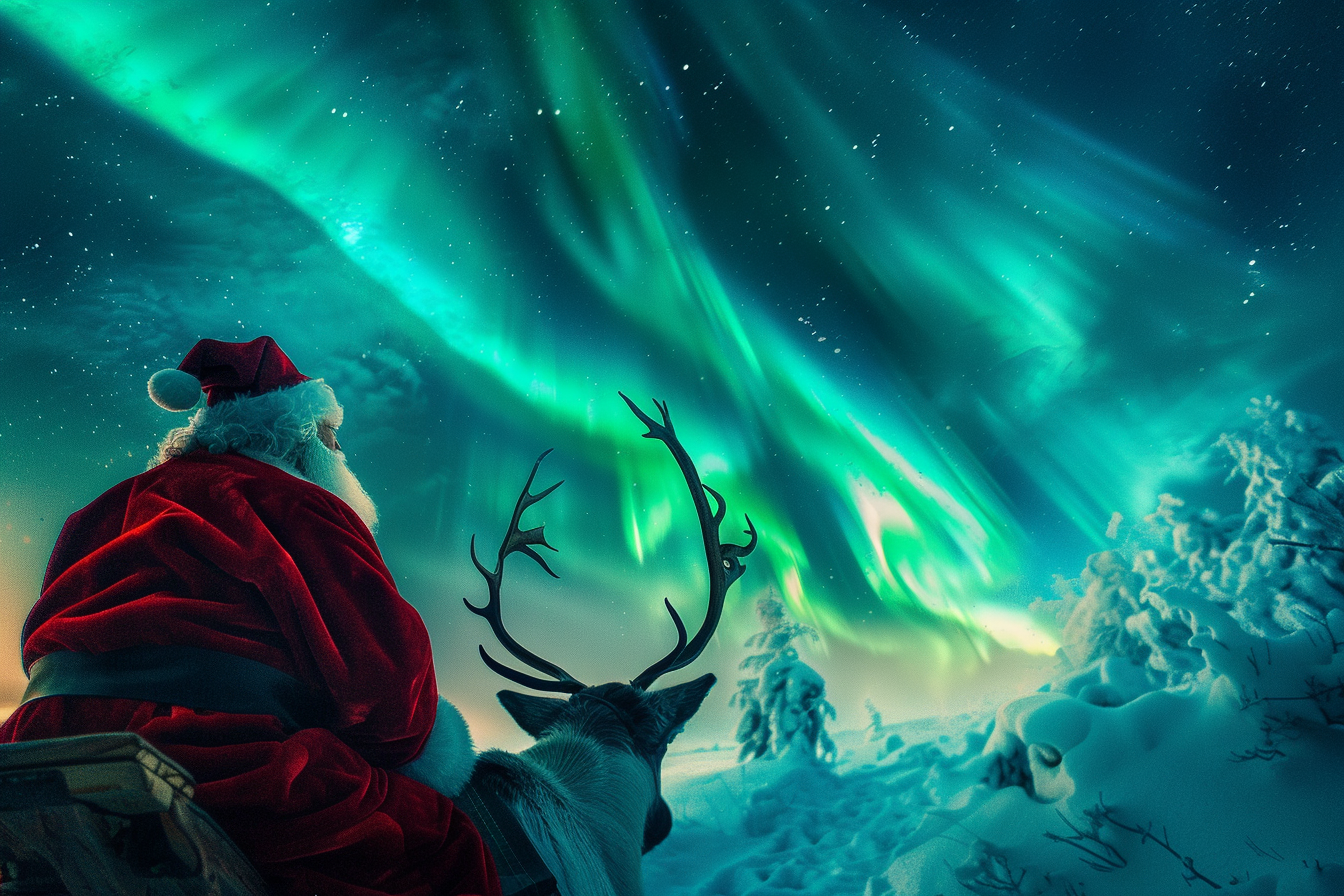 Image gratuite Père Noël et rennes admirant aurores boréales 1