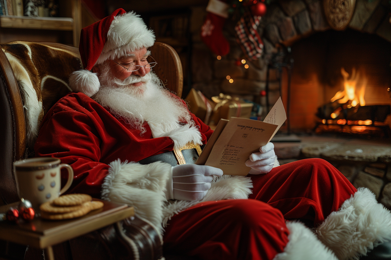 Image gratuite Père Noël lisant lettres d&rsquo;enfants près cheminée 2