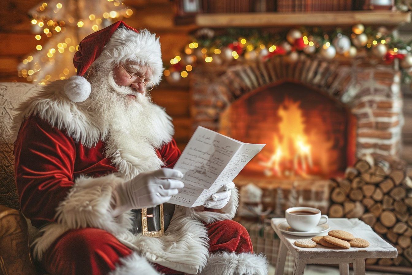 Image gratuite Père Noël lisant lettres d&rsquo;enfants près cheminée 3