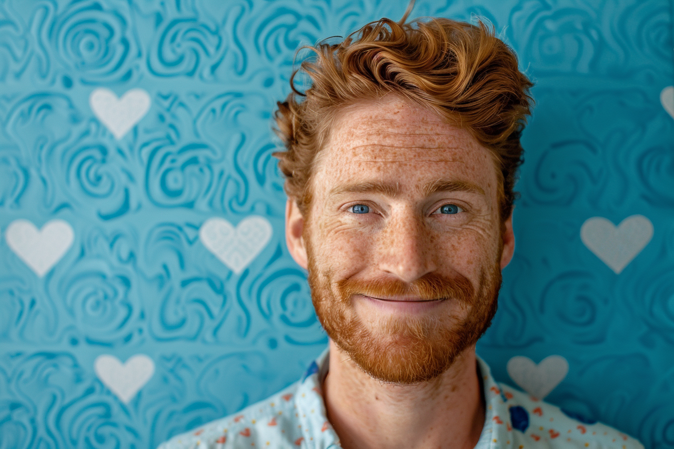 Image gratuite Père roux yeux bleus fête pères fond bleu 1