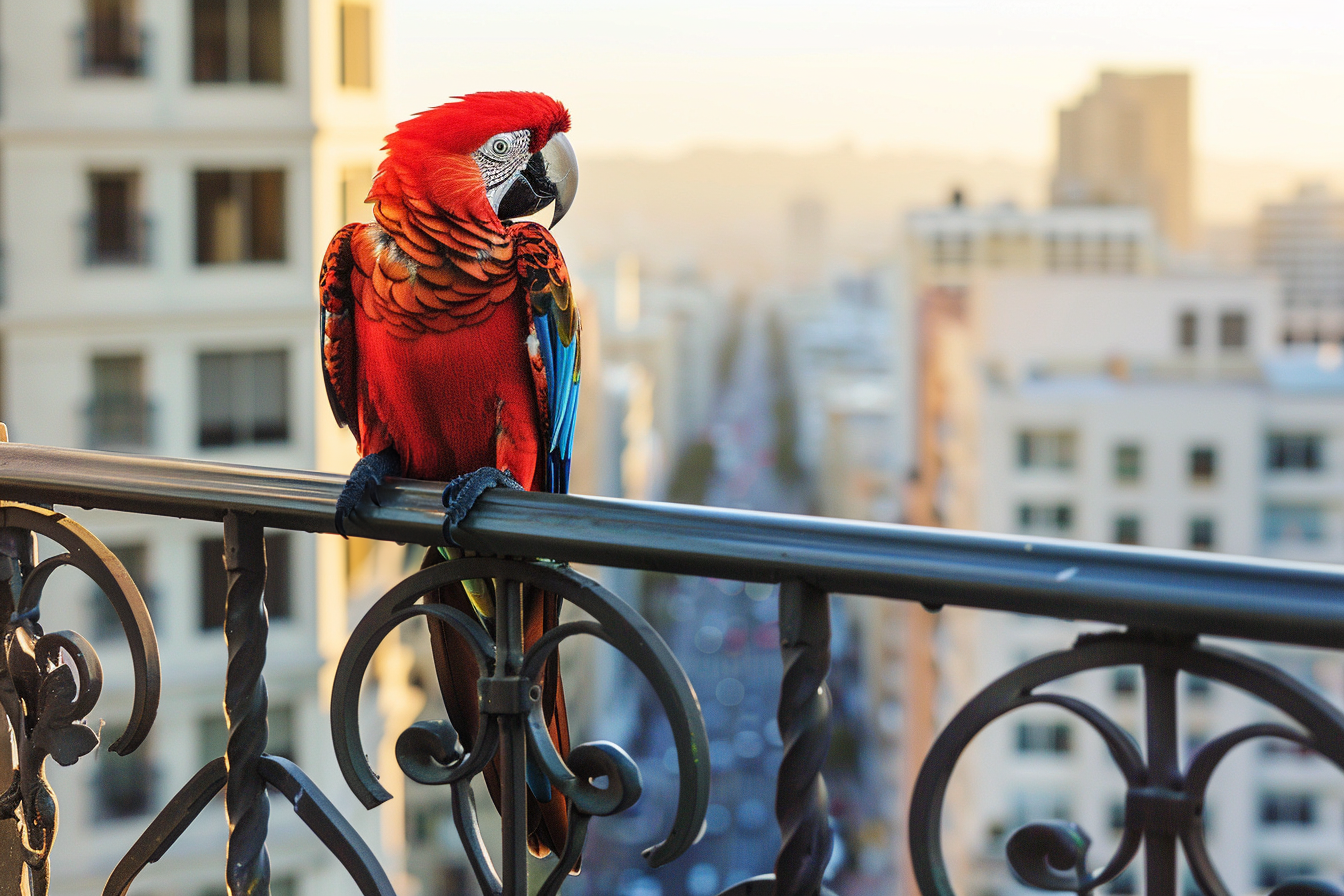 Image gratuite Perroquet curieux sur balcon en ville 1