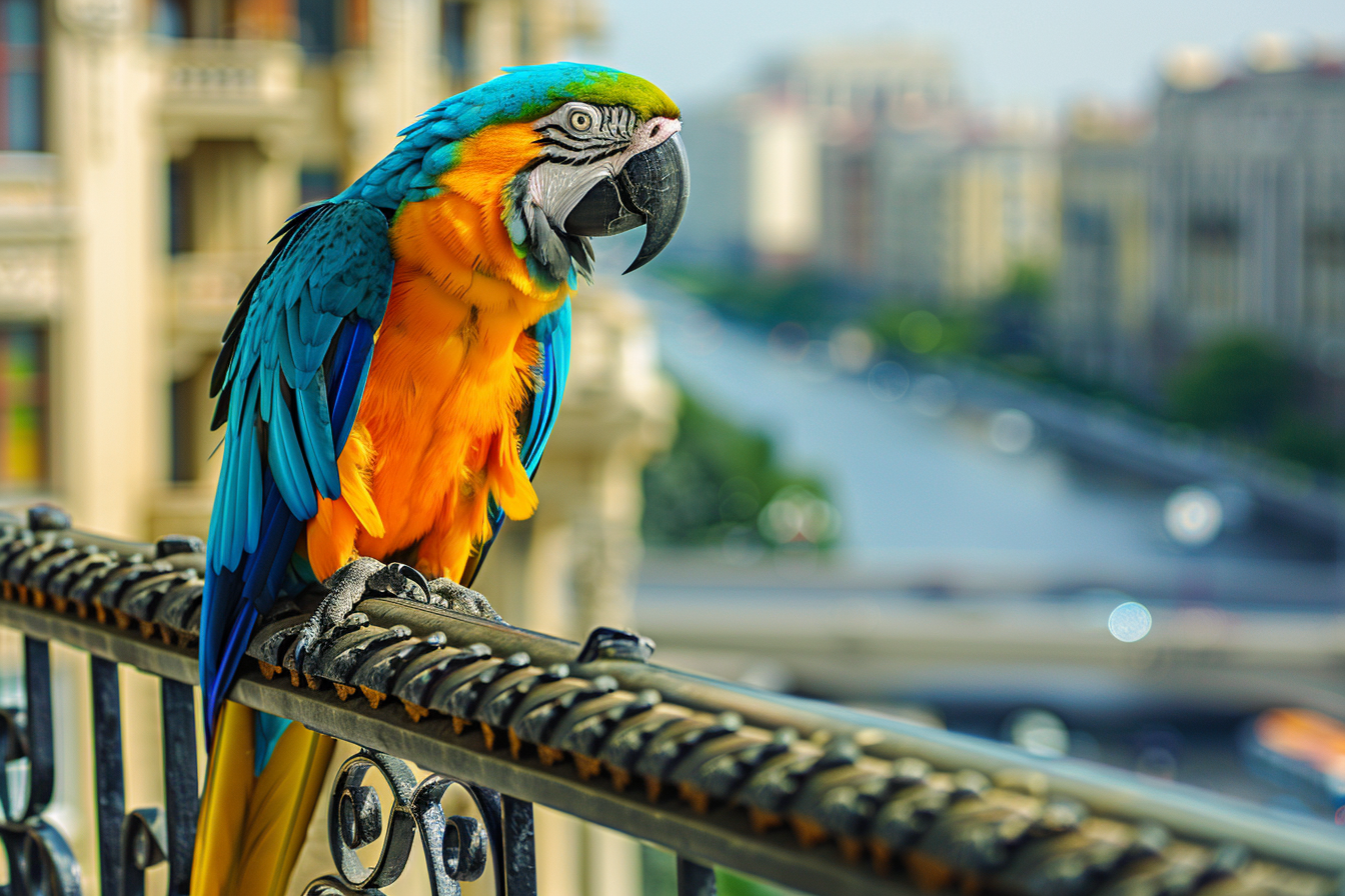 Image gratuite Perroquet curieux sur balcon en ville 2