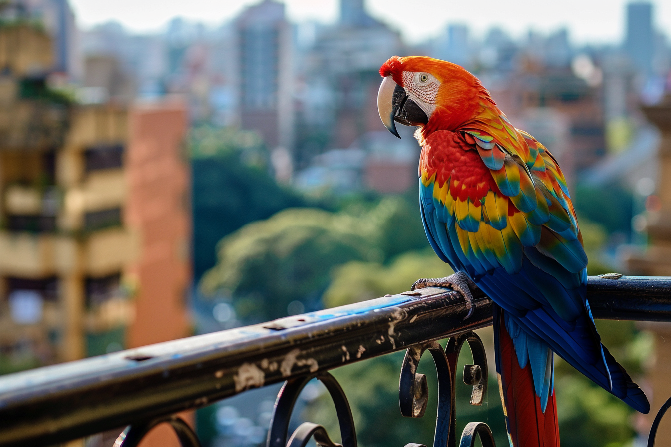 Image gratuite Perroquet curieux sur balcon en ville 3