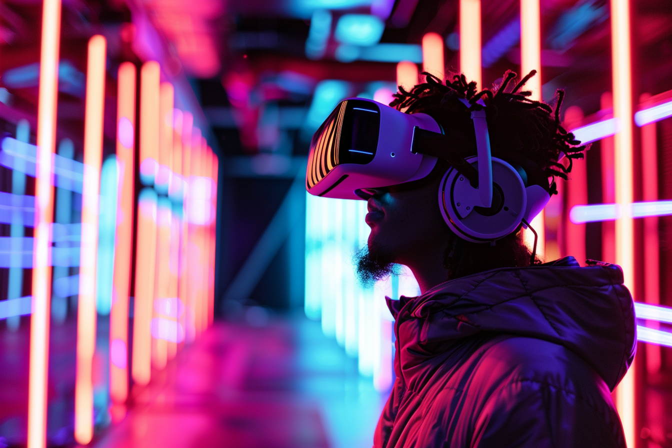 Image gratuite Personne avec casque VR, monde néon 1
