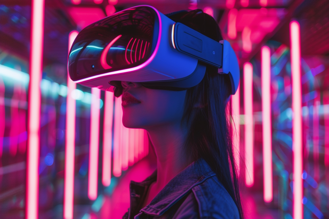 Image gratuite Personne avec casque VR, monde néon 2