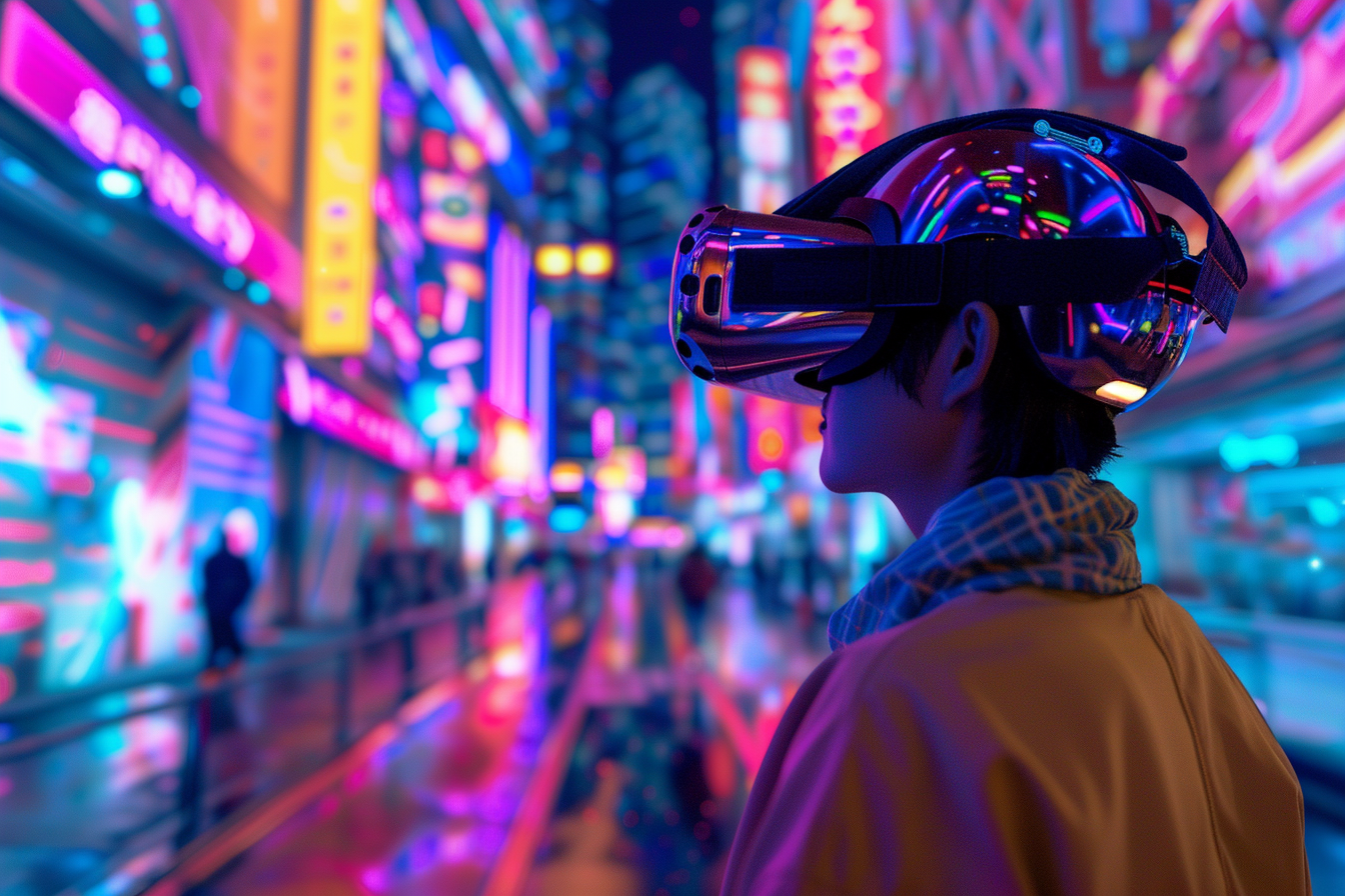 Image gratuite Personne avec casque VR, monde néon 3