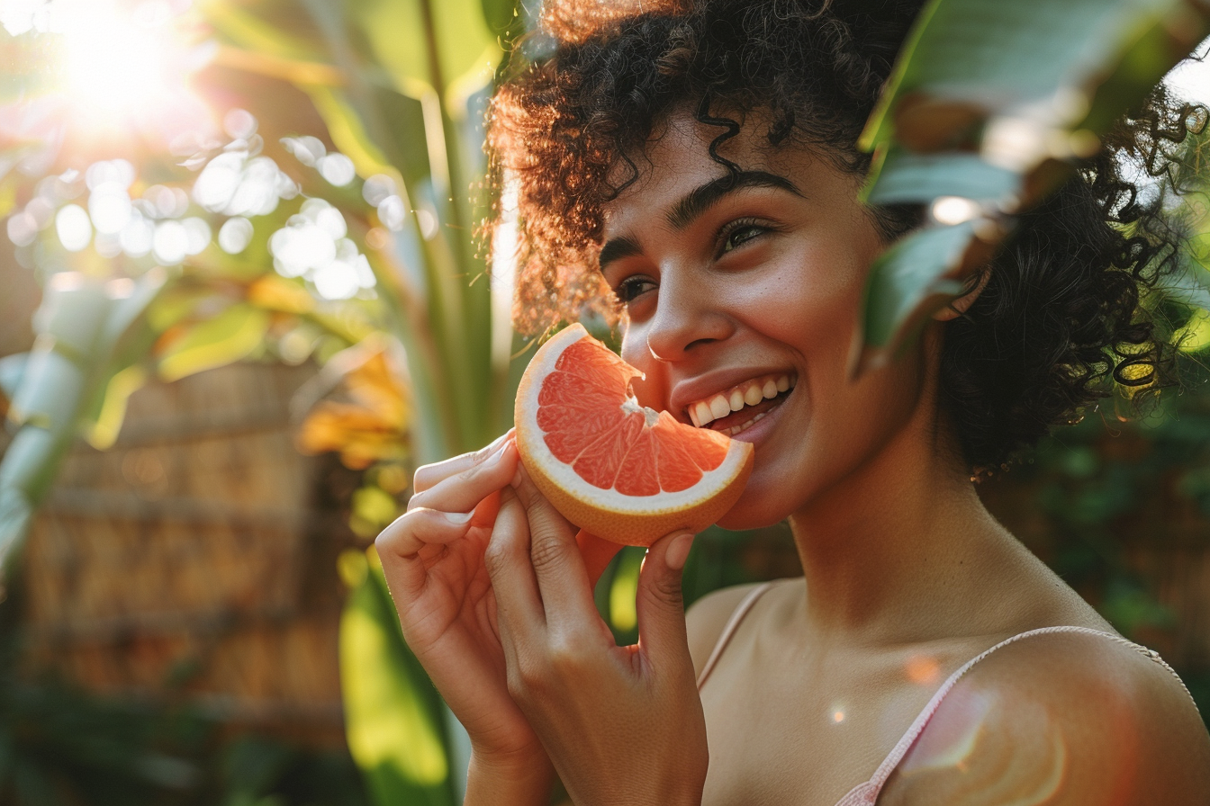 Image gratuite Personne mangeant pamplemousse dans jardin 1