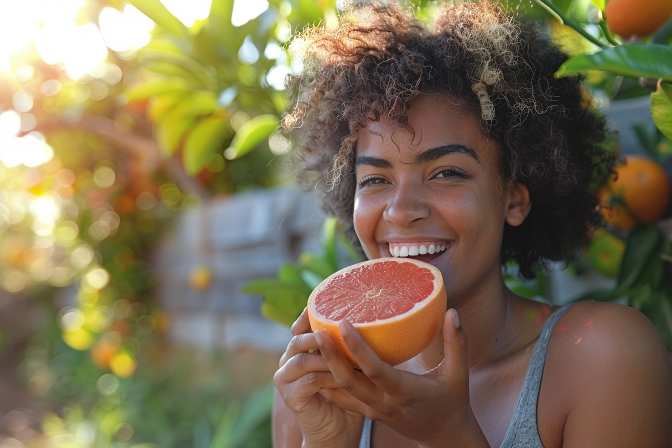 Image gratuite Personne mangeant pamplemousse dans jardin 3