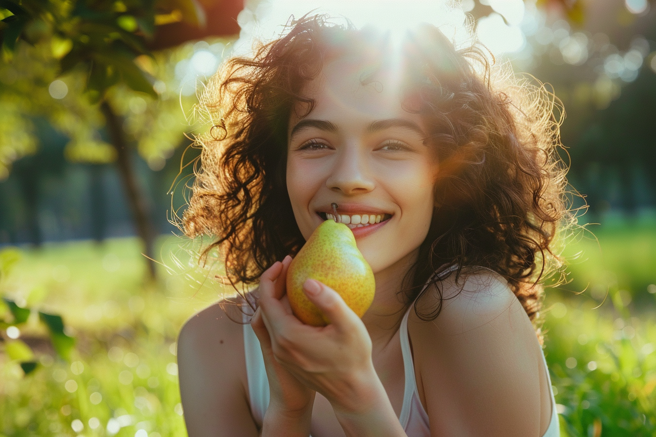 Image gratuite Personne mangeant poire dans parc 1