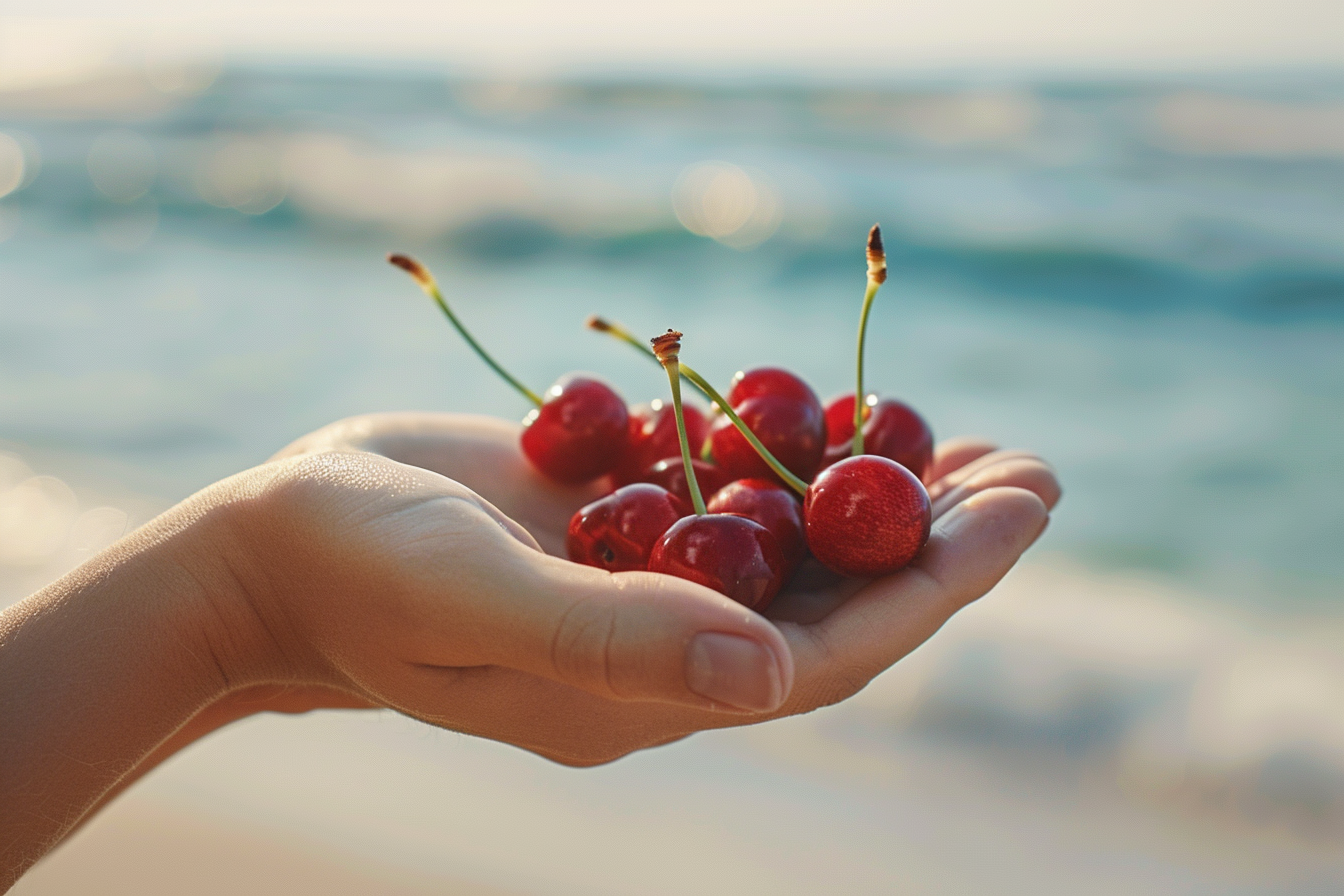 Image gratuite Personne tenant des cerises à la plage 1
