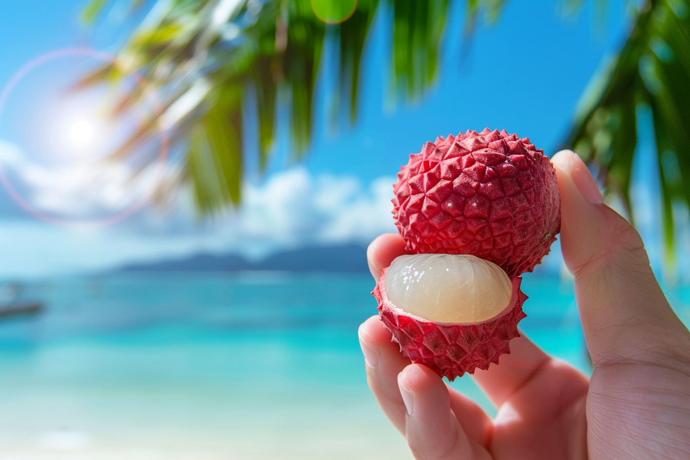 Image gratuite Personne tenant litchi à la plage tropicale 1