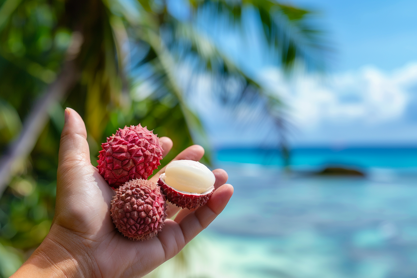 Image gratuite Personne tenant litchi à la plage tropicale 2