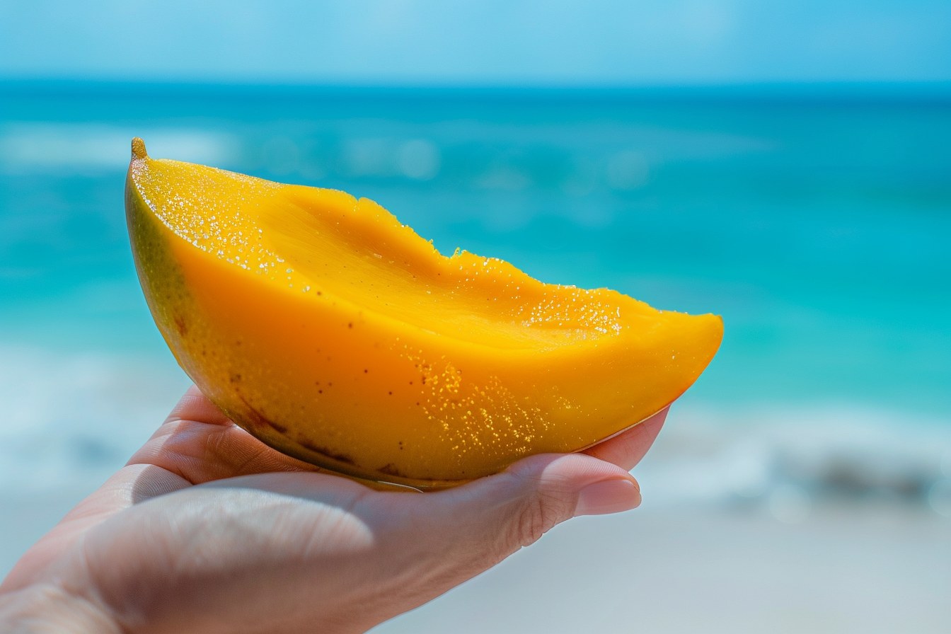 Image gratuite Personne tenant mangue à la plage tropicale 1