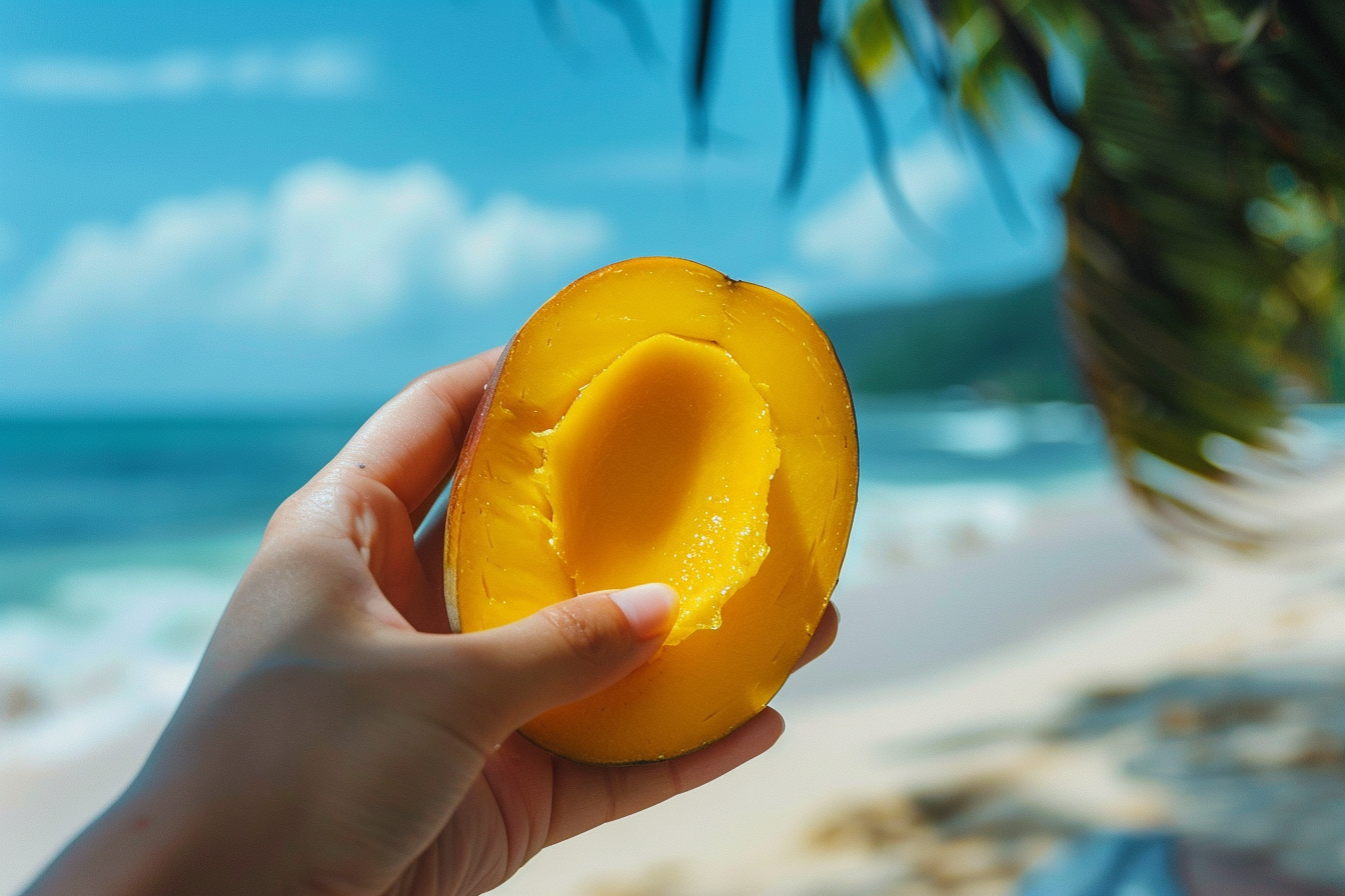 Image gratuite Personne tenant mangue à la plage tropicale 2