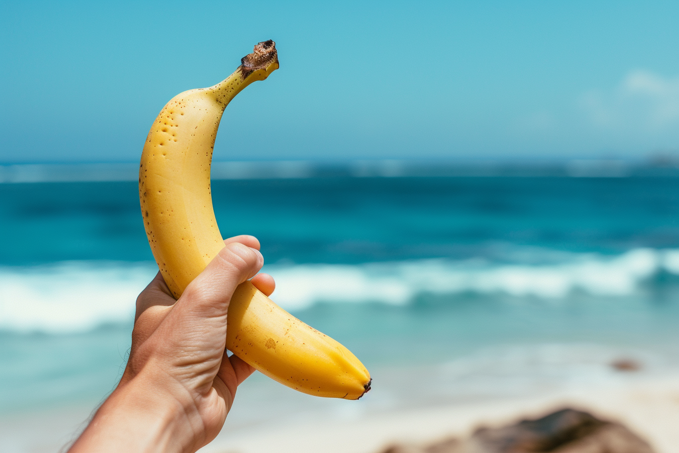 Image gratuite Personne tenant une banane à la plage 1