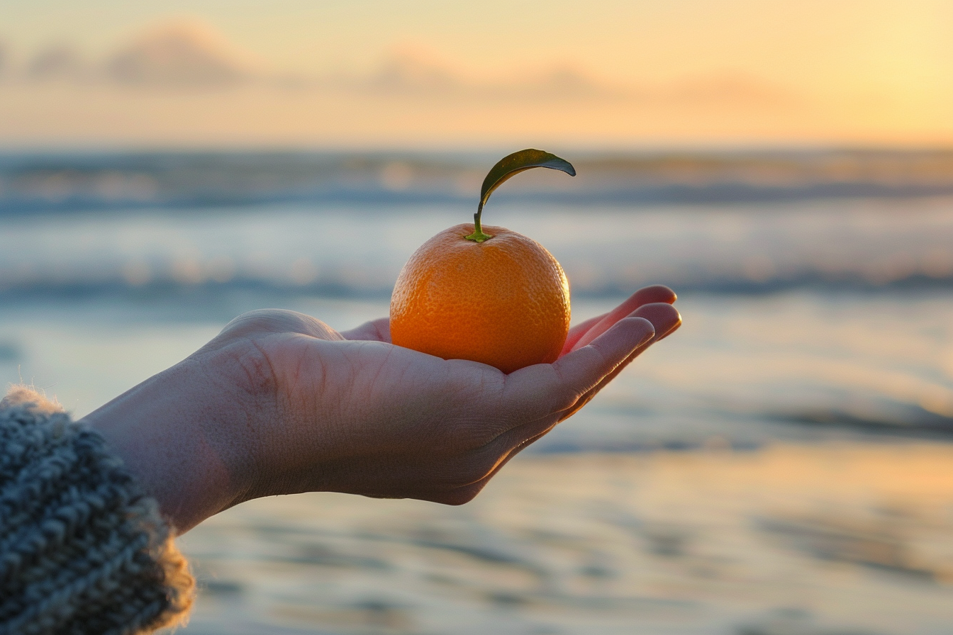 Image gratuite Personne tenant une clémentine à la plage 1