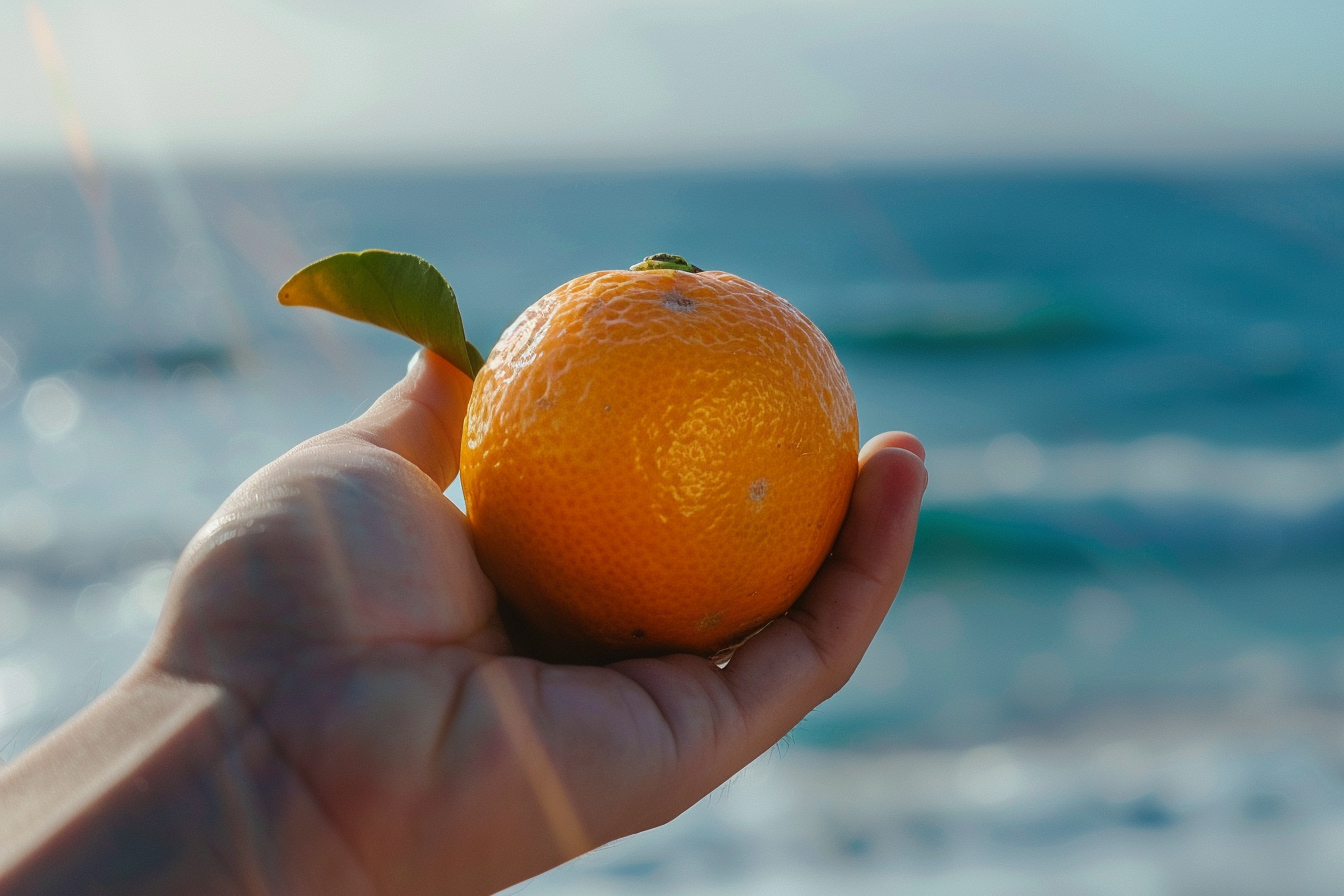 Image gratuite Personne tenant une clémentine à la plage 2