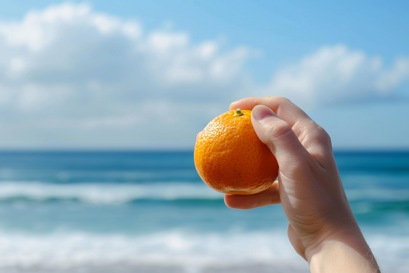 Image gratuite Personne tenant une clémentine à la plage 3