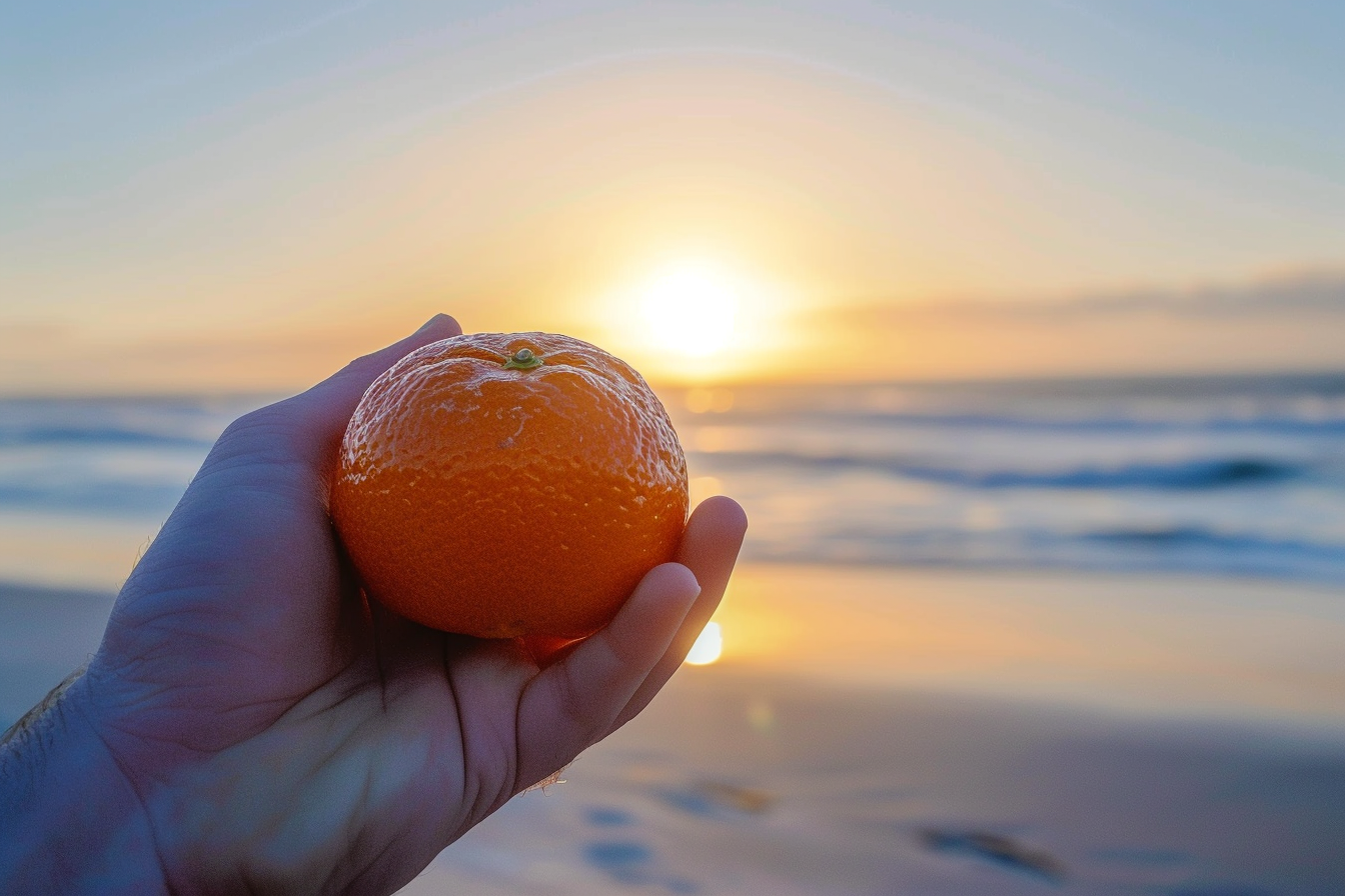 Image gratuite Personne tenant une clémentine à la plage 4