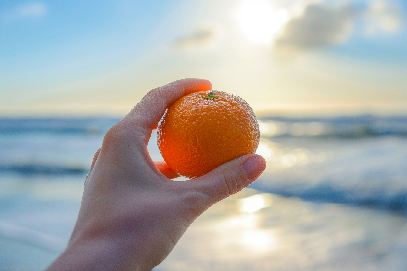 Image gratuite Personne tenant une clémentine à la plage 5