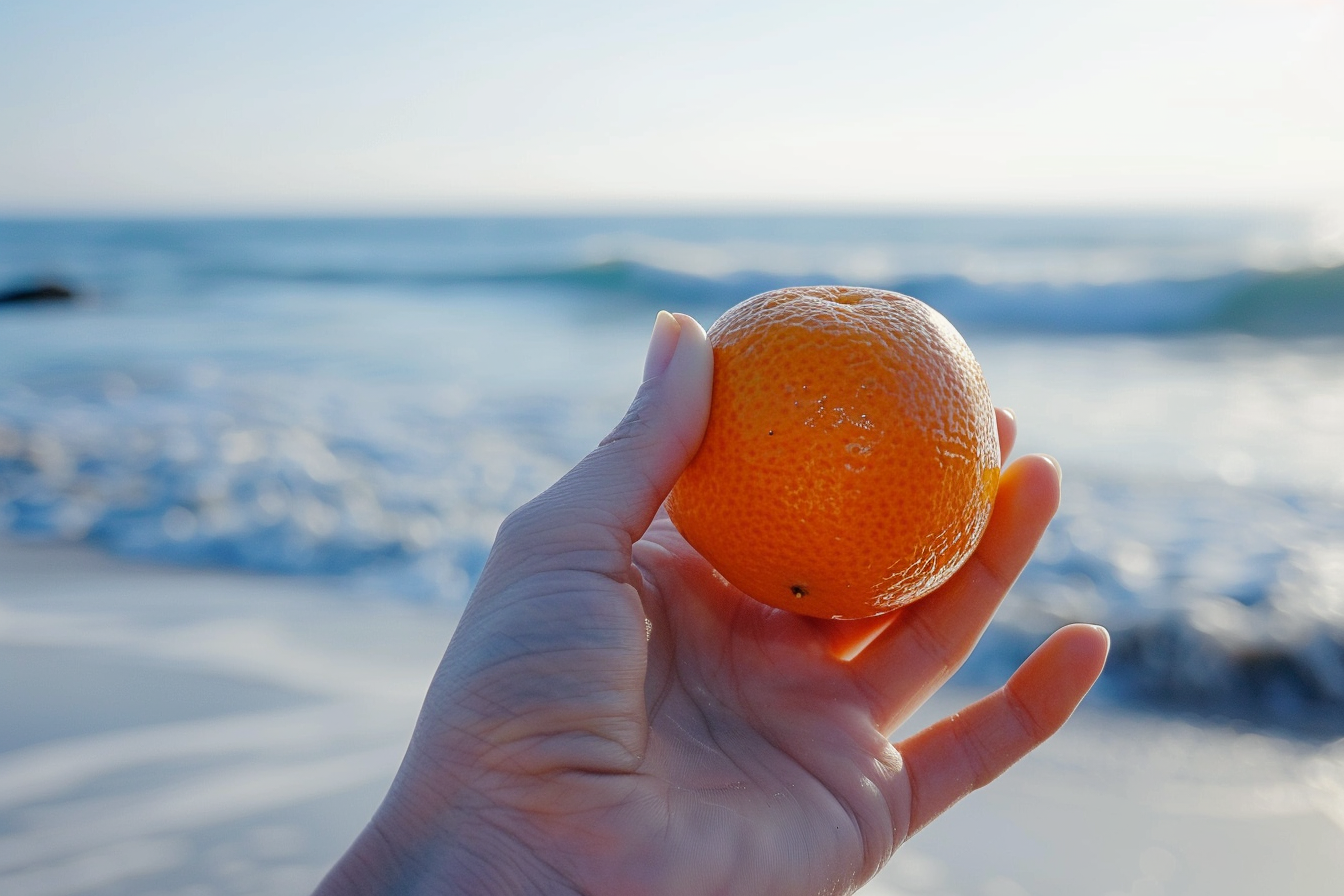 Image gratuite Personne tenant une clémentine à la plage 6