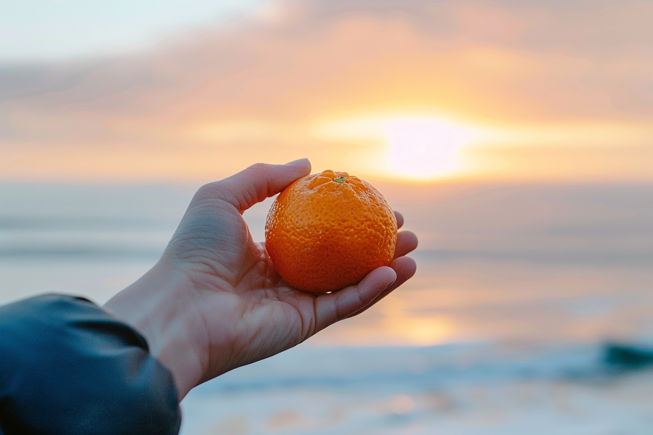 Image gratuite Personne tenant une clémentine à la plage 7
