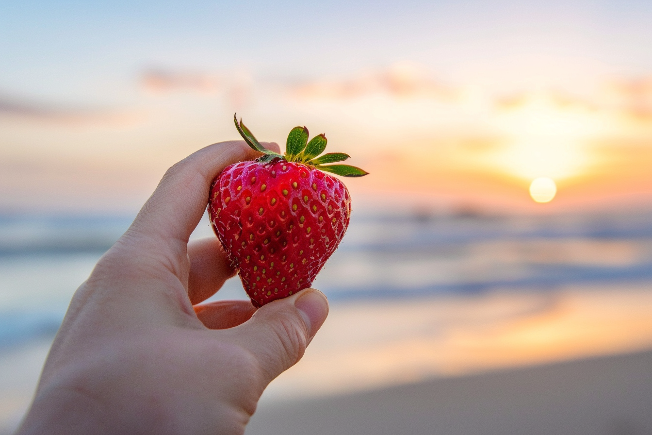Image gratuite Personne tenant une fraise à la plage 1