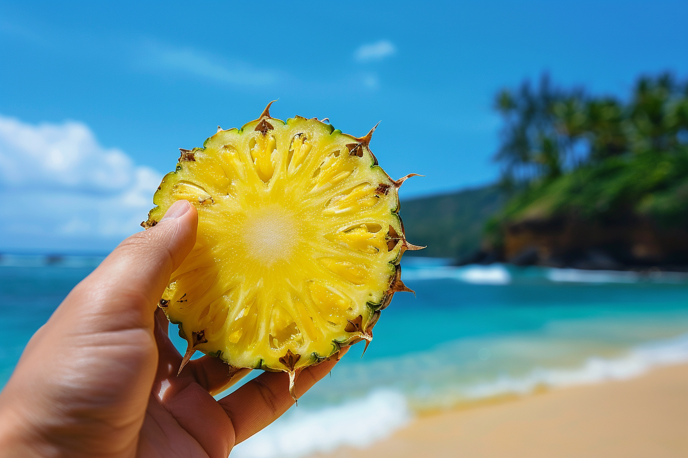 Image gratuite Personne tenant une tranche d&rsquo;ananas à la plage 1