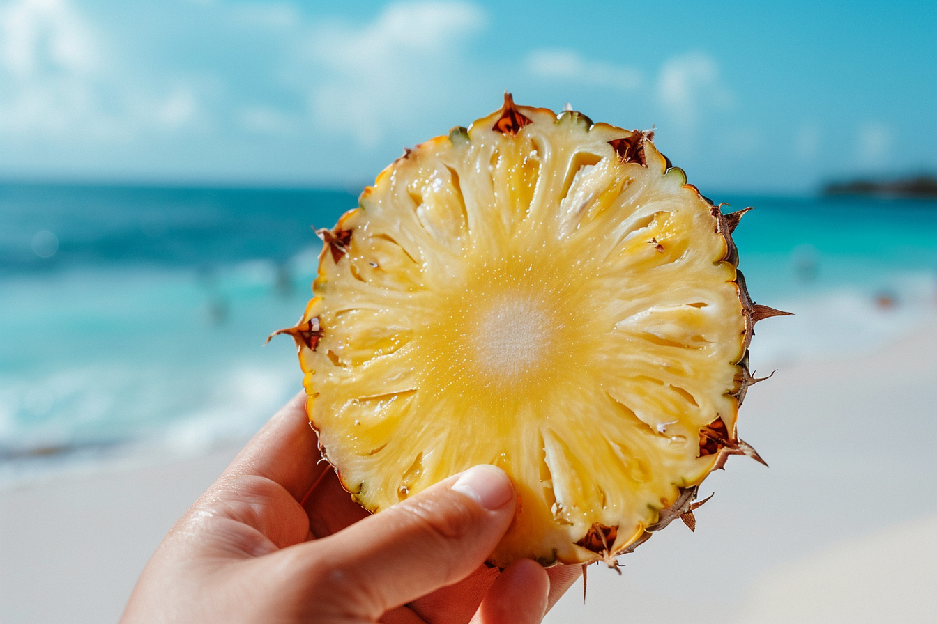 Image gratuite Personne tenant une tranche d&rsquo;ananas à la plage 2