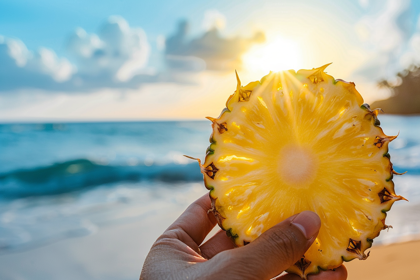 Image gratuite Personne tenant une tranche d&rsquo;ananas à la plage 3